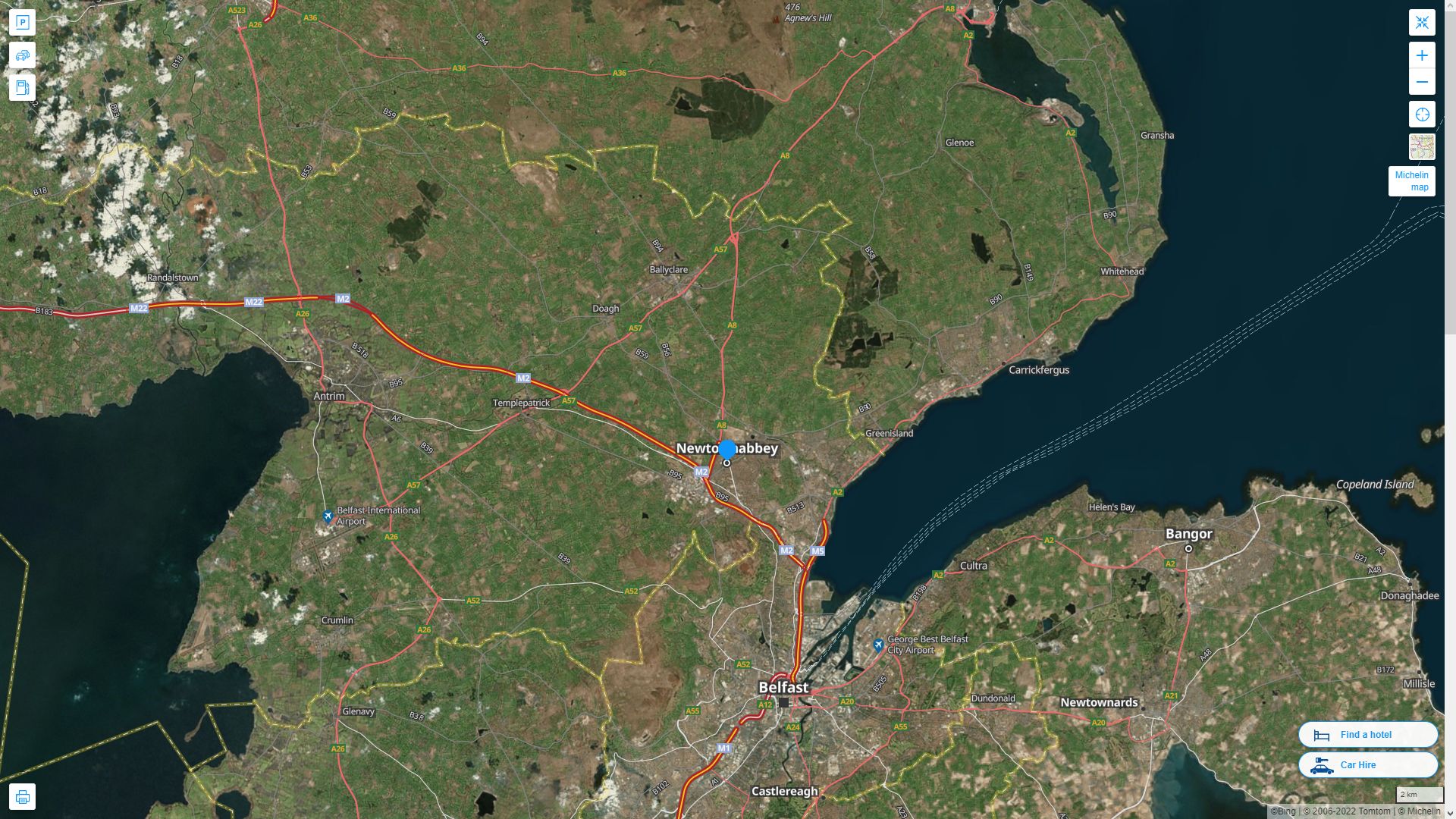 Newtownabbey Royaume Uni Autoroute et carte routiere avec vue satellite